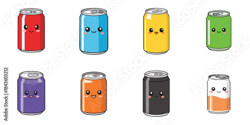 Multiple vector illustrations of cute-faced soda cans
