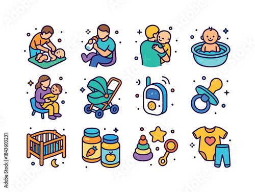 Baby Care Icons. Baby Care. Colorful isometric vector icons set
