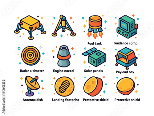 Spacecraft Lander Icons. Spacecraft landers. Colorful isometric