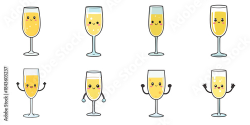 Multiple vector illustrations of cute-faced champagne flutes