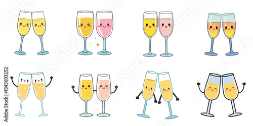 Multiple vector illustrations of cute-faced champagne flutes