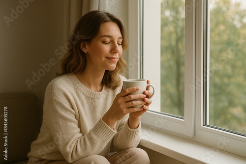 Serene young woman with closed eyes savors moment of quiet relaxation by bright window, holding warm cup of coffee or tea. Cozy scene, feelings of peace, comfort, and simple everyday pleasures at home