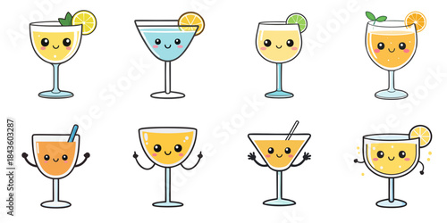 Multiple vector illustrations of cute-faced cocktail glasses