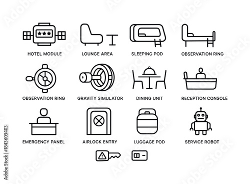 Space Hotel Line Icons. Space hotels. Line icon set of Space hot