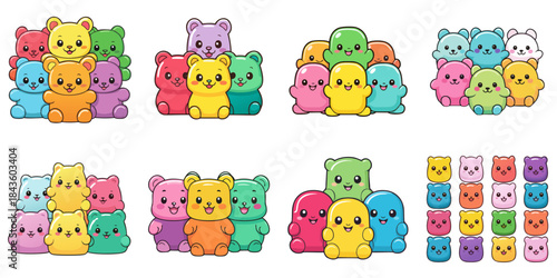 Multiple vector illustrations of cute-faced gummy bears