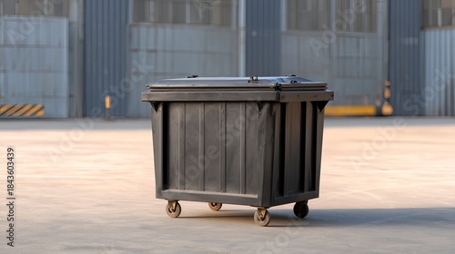 Wallpaper Mural Industrial trash bin on wheels in an urban setting, empty and waiting for waste disposal, surrounded by a clean concrete surface and warehouse background. Torontodigital.ca