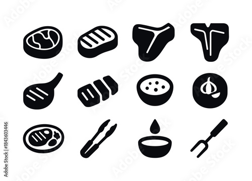Black Steak Icons. Steak dishes. Solid icon set of Steak dishes: