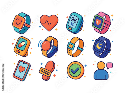 Senior Health Tech Icons. Digital health for seniors. Colorful i