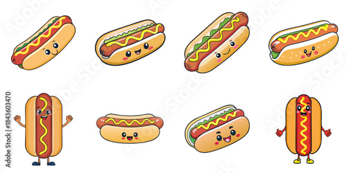 Multiple cute-faced hot dogs vector illustrations
