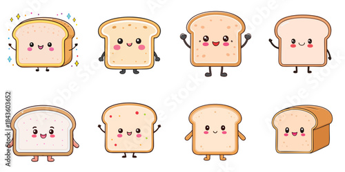Multiple cute-faced slices of bread vector illustrations