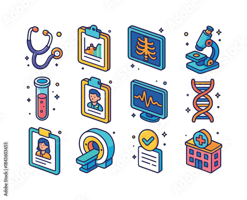 Colorful Diagnosis Icons Set. Diagnosis. Colorful isometric vect
