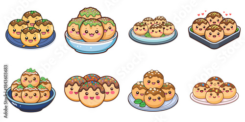 Multiple cute-faced takoyaki vector illustrations