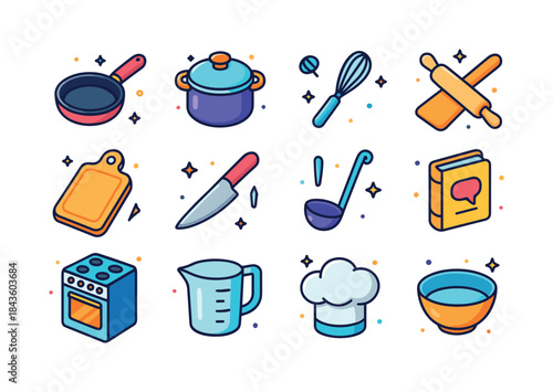 Vibrant Cooking Icons. Cooking. Colorful isometric vector icons