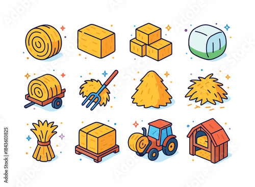 Colorful Hay Bale Icons. Hay Bales. Colorful isometric vector ic