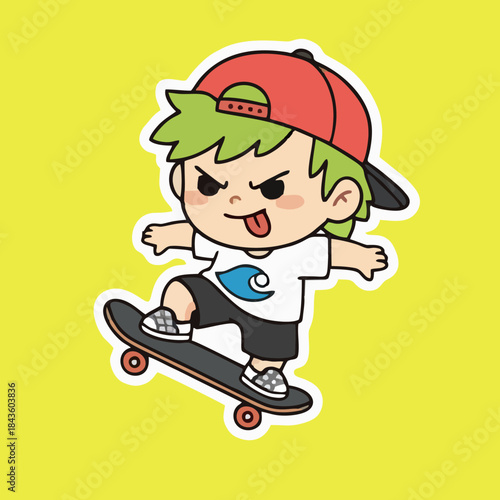 Chibi Skater Boy Sticker Performing Skate Trick — Energetic Cartoon Sticker