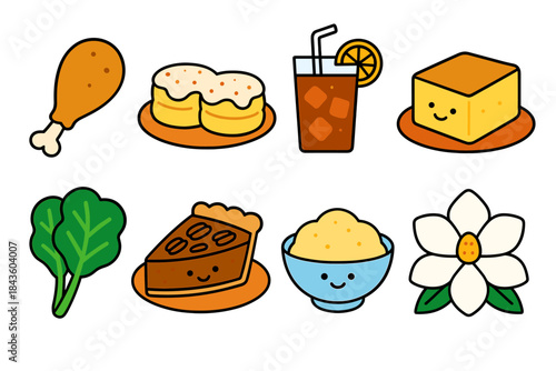 Cute cartoons of food and flower with happy smiles