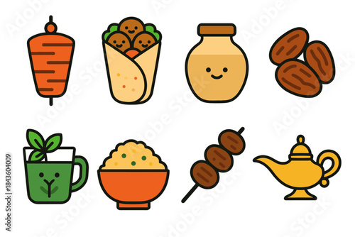 Middle eastern food icons: shawarma, falafel wrap, spice jar, dates, mint tea, rice bowl, skewers, oil lamp