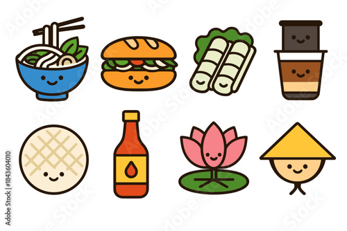 Cute food and travel icons featuring ramen, banh mi, dim sum, coffee, rice, sauce, lotus, conical hat