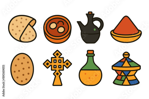 Ethiopian cultural icons featuring traditional food and artifacts