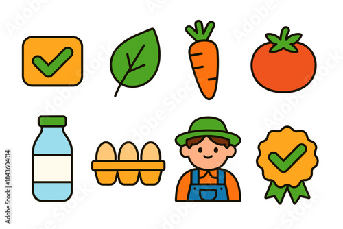 Organic farm icons: vegetables, dairy, and farmer in simple design
