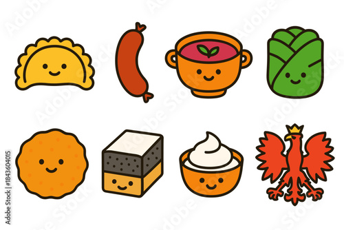 Cartoon-style set of polish culinary icons and symbols with happy faces