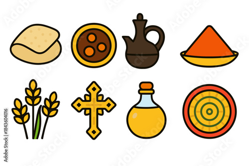 Religious symbols: bread, wine, oil, wheat, cross - christian icons
