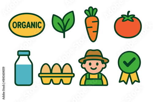 Organic farming icons: vegetables, farmer, certification, eggs, milk