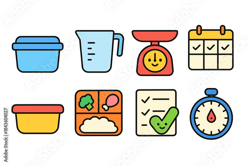 Colorful meal prep icons set: containers, measuring cup, scale, calendar, checklist, timer