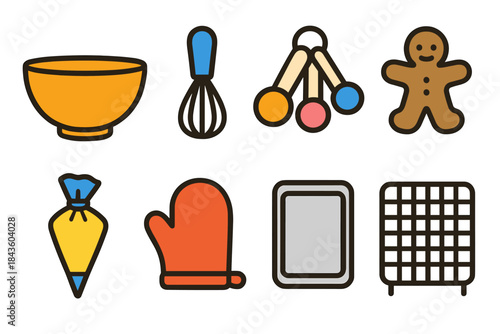 Colorful baking icons: bowl, whisk, measuring spoons, gingerbread man, piping bag, oven mitt, baking sheet, cooling rack