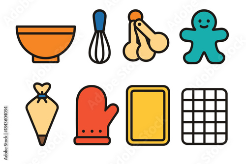 Colorful baking icons featuring bowls whisk ingredients and gingerbread man