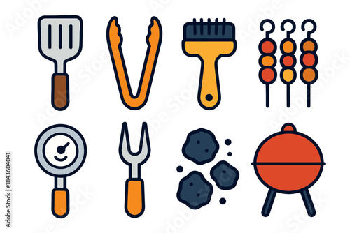 Grill tools and barbecue icons: spatula, tongs, skewers, grill brush, charcoal, thermometer