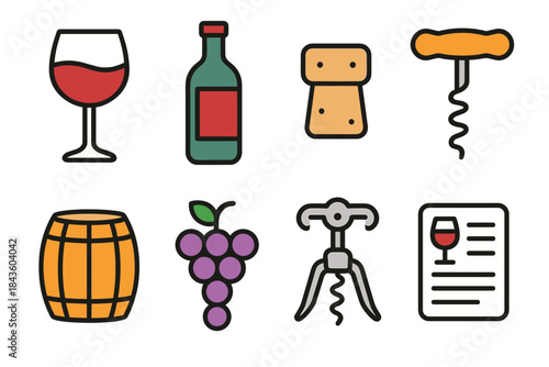 Wine icons set: glass, bottle, cork, corkscrew, barrel, grapes, opener, menu