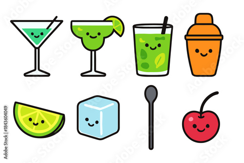 Cute cartoon cocktails and garnishes with faces