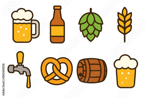 Colorful beer icons: mug, bottle, hop, wheat, tap, pretzel, barrel