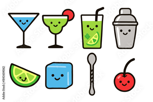 Cute cartoon cocktails and accessories with smiling faces