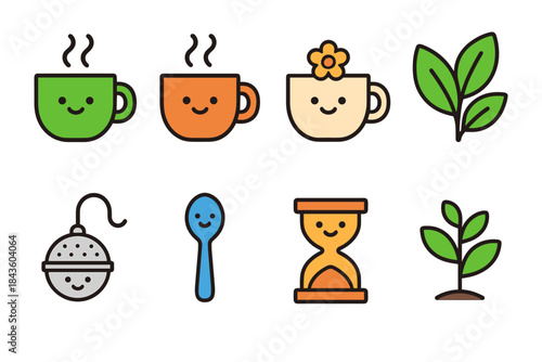 Colorful tea icons: cups, leaves, infuser, spoon, hourglass, plant