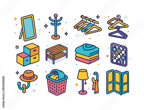 Colorful Dressing Icons. dressing area. Colorful isometric vecto