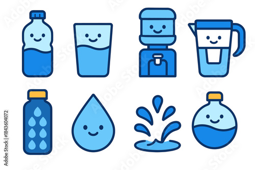 Cute water icons: bottles, glasses, droplets, and splashing designs