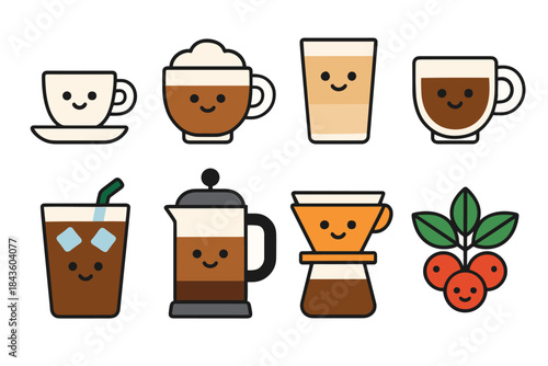 Cute coffee icons: cappuccino latte espresso cold brew french press pour over