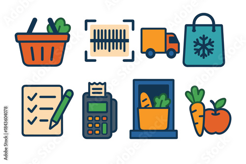 Grocery shopping icons set featuring basket, barcode, delivery truck, frozen bag, and checkout