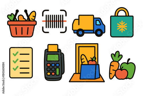 Grocery shopping icons: basket, delivery, barcode, payment, checklist