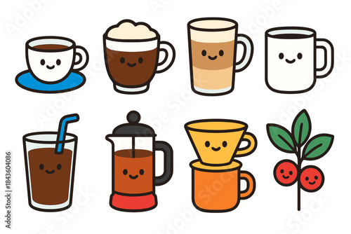 Cute coffee and tea characters with smiling faces and coffee plant branch