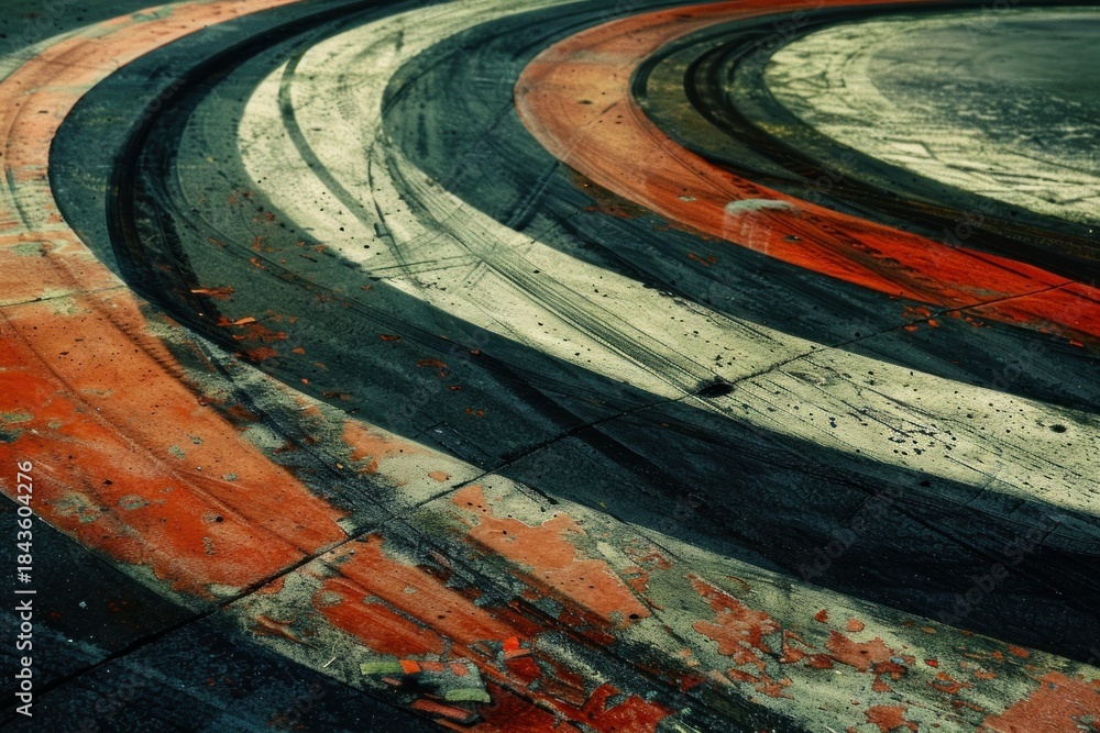Fototapeta premium Tire tracks create colorful skid marks on a racetrack, suggesting speed, competition, and the thrill of motorsports