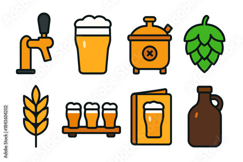 Craft beer icons: tap, pint glass, brew kettle, hop, grain, flight, beer menu, growler