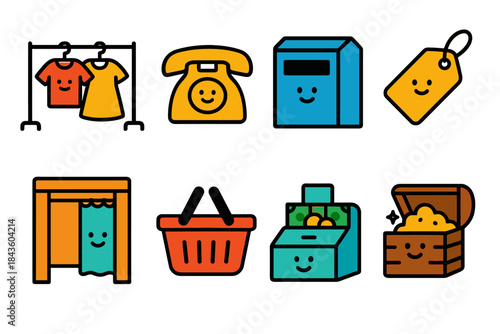 Colorful shopping icons: clothes, phone, mailbox, discount, fitting room, basket, cash register, treasure