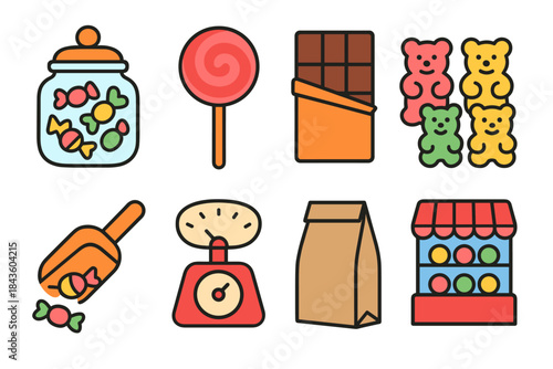Assorted candy icons including jar lollipop chocolate gummy bears