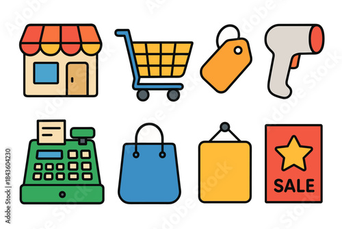 Colorful shopping icons set featuring store, cart, tags, and sale elements