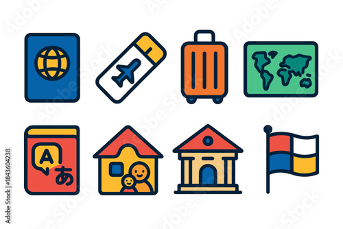 Colorful travel icons: passport, luggage, airplane ticket, map, language guide