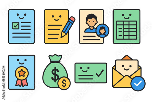 Colorful office documents and financial icons set with smiling faces