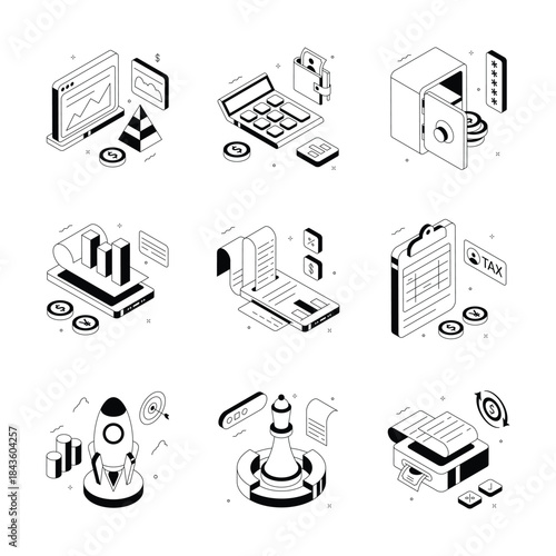 An amazing isometric illustrations set of financial management in trendy style